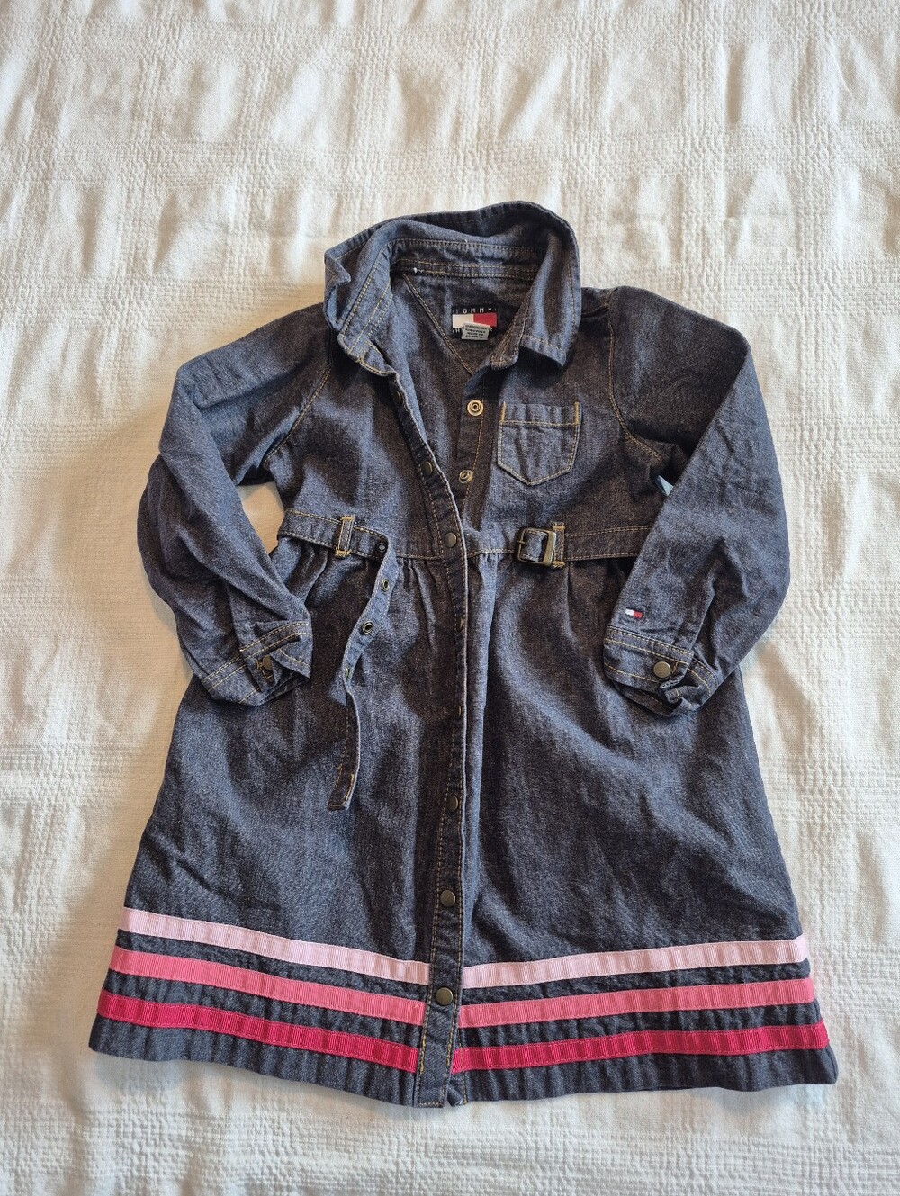 Tommy Hilfiger girls size 3T jean dress long sleeve, ribbon trim VGUC